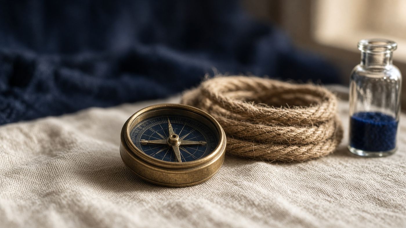 Brass compass, rope, and a research vial on linen