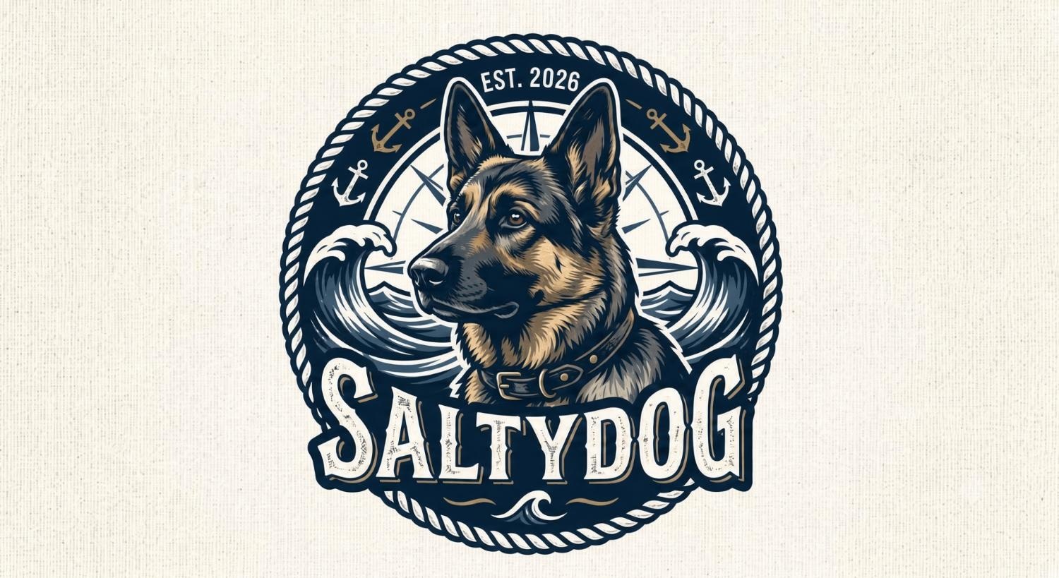 Saltydog Research emblem — German shepherd in a rope compass, 2026